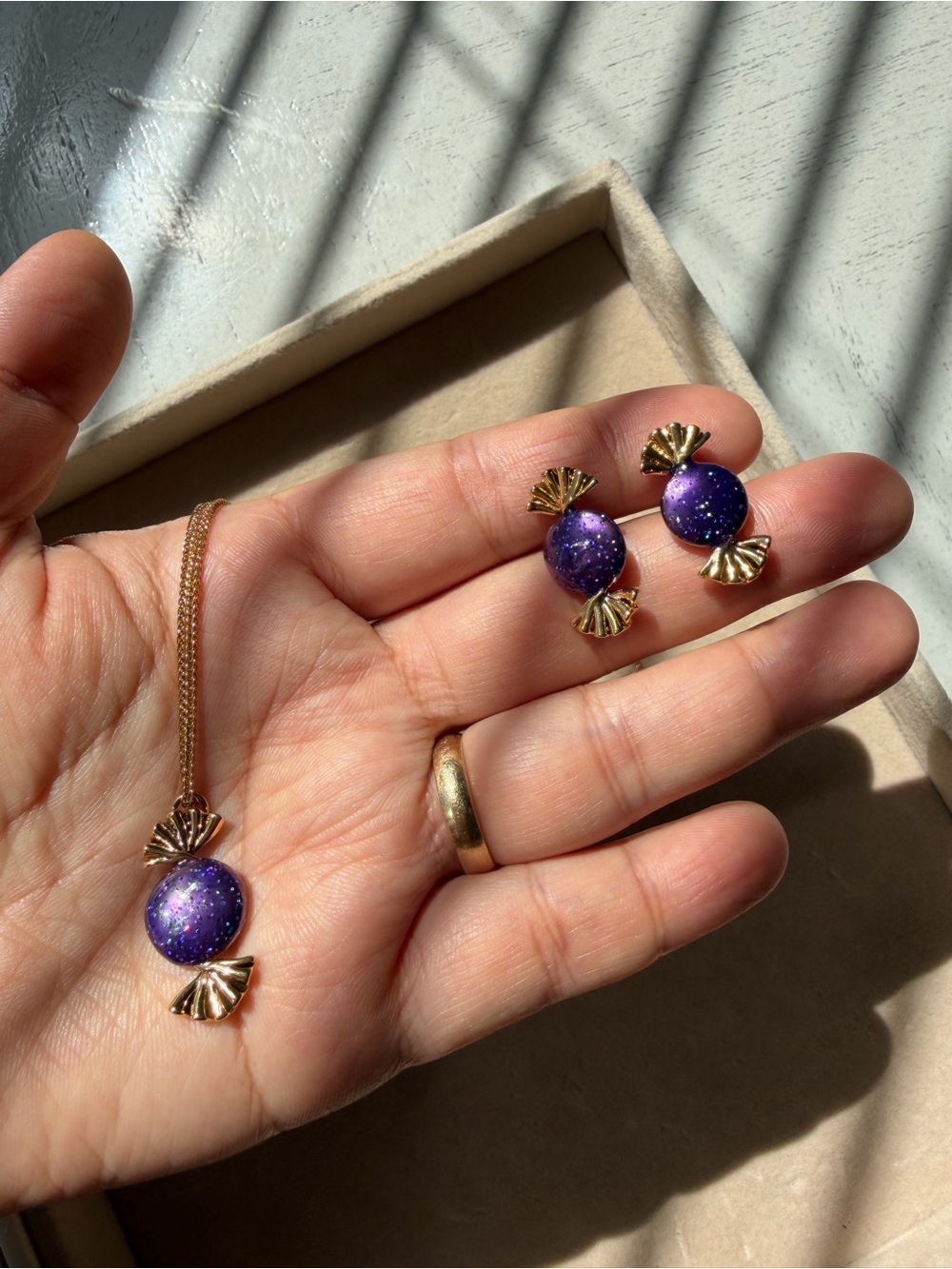 Gold Tone Purple Candy Pendant Necklace and earrings stud with 925s silver posts